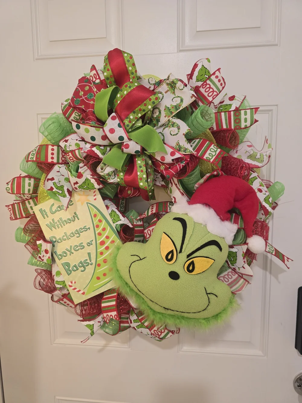 Grinch Holiday Ribbon Wreath with Plush Face Monster Christmas